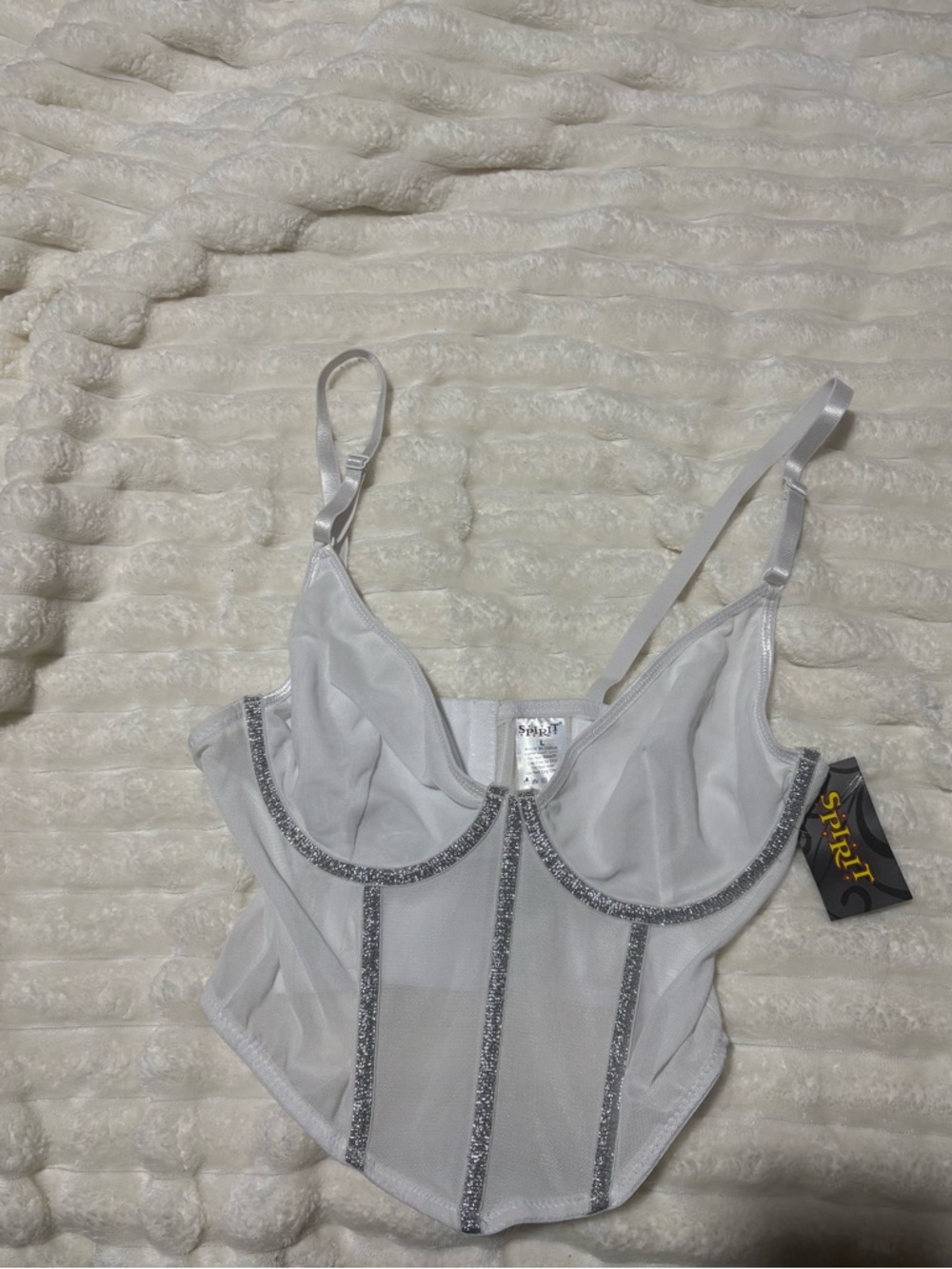Spirit White Mesh Corset Bustier with Silver Glitter Trim